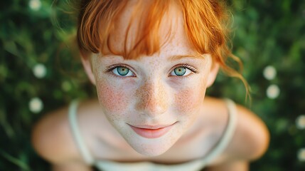 Close-up portrait of a young girl with freckles and vibrant green eyes.