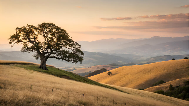 Solitary oak tree on golden rolling hills at sunset