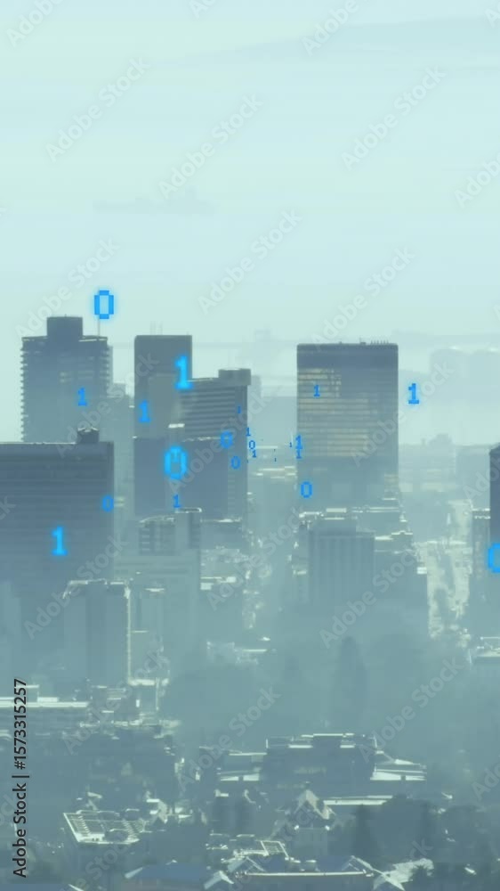 Aufkleber animation of binary coding data processing against aerial view of cityscape