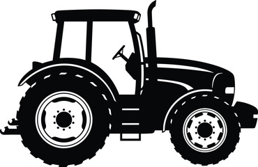 Detailed black silhouette of a powerful modern farm tractor, ideal for agriculture, rural landscapes, farming equipment, and heavy machinery themes, isolated on a clean white background.