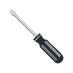 Obraz premium Isolated illustration of a slotted screwdriver with a black grip and silver shaft for construction and repair projects