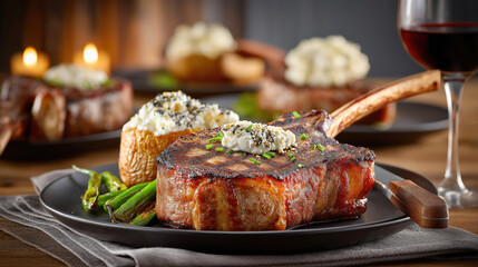 Grilled tomahawk steak with loaded baked potato and glass of red wine