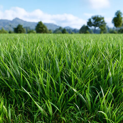 Obraz premium Close up of lush green grass blades in a field with blurred trees and mountains in the background
