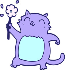 cartoon cat with flower in bright neon color