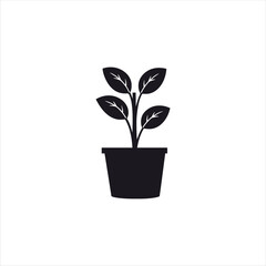 Black plant icon potted foliage with leaves, stem on white background