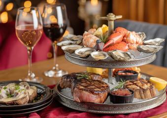 Luxurious seafood and steak dinner with wine and elegant presentation