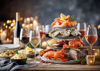 Elegant seafood and steak feast with wine in candlelit setting