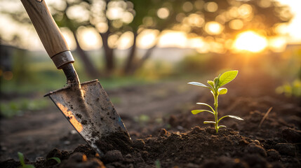 Gardening shovel planting a small seedling in rich soil at sunset