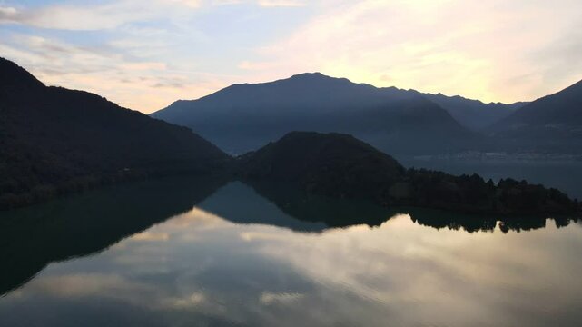Aerial nature landscape of Colico village in Lake Como Italian Alps during fall in Lombardy