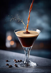 Refreshing espresso martini with coffee splash in elegant glass