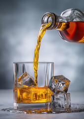 Pouring whiskey in glass with ice cubes in dramatic lighting