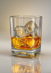 Glass of whiskey with ice cubes on reflective surface