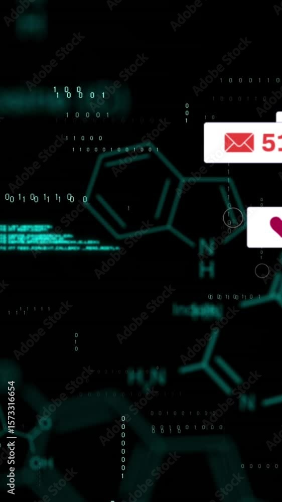 Poster animation of social media icons and data processing on black background