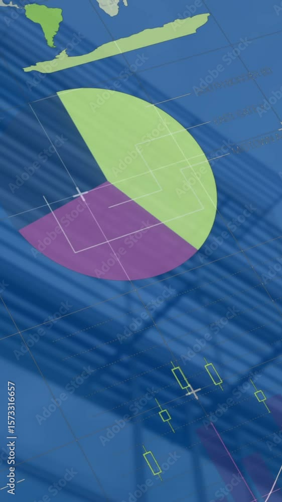 Poster animation of statistical data processing against low angle view of tall building
