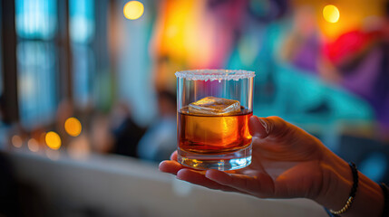 Close-up of hand holding a glass of whiskey with ice in vibrant bar setting