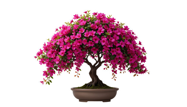 Vibrant Bougainvillea Bonsai – Fuchsia Pink Flowers Cascading from Slender Dark-Brown Trunk, Isolated on Transparent Background