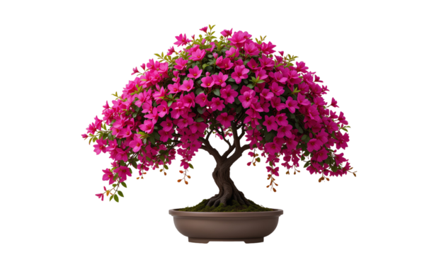 Vibrant Bougainvillea Bonsai – Fuchsia Pink Flowers Cascading from Slender Dark-Brown Trunk, Isolated on Transparent Background