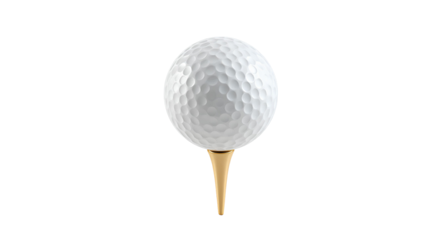 High-Angle Close-Up of White Golf Ball on Golden Tee – Isolated on Transparent Background