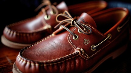 Close-up of brown leather boat shoes