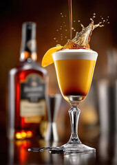 Splashing cocktail with orange garnish and cognac bottle in background