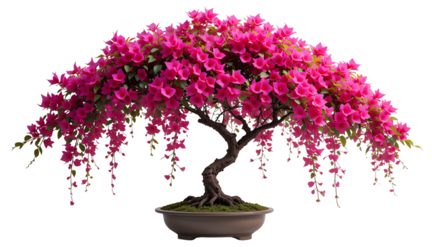 Vibrant Bougainvillea Bonsai – Fuchsia Pink Flowers Cascading from Slender Dark-Brown Trunk, Isolated on Transparent Background