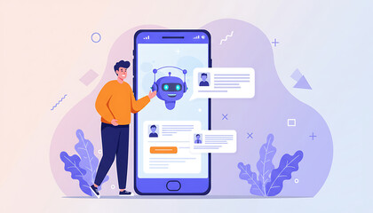 Fototapeta premium Man interacting with a friendly chatbot on a smartphone screen with chat bubbles