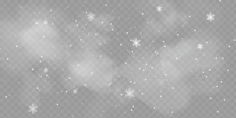 Realistic blizzard background. Christmas snowfall overlay, falling snowflakes winter snowy weather vector background illustration. Heavy snowfall