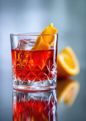 Classic negroni cocktail with orange garnish and ice in crystal glass