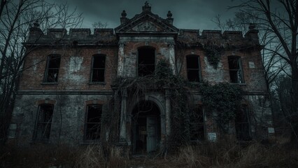 Overgrown, decaying mansion shrouded in shadows, evoking a sense of mystery and abandonment.