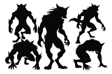 Six unique black halloween werewolf silhouettes monster creature