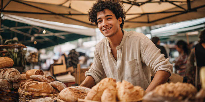 Smiling Baker Displaying Fresh Artisan Bread at Outdoor Market Stall - Powered by Adobe