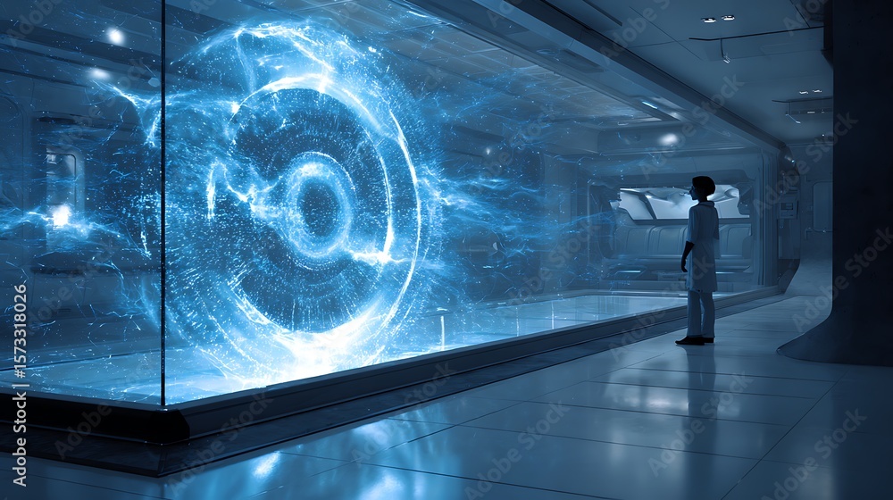 Aufkleber suspended light-based blueprint of an ai microchip displayed within a spacious glass-walled research