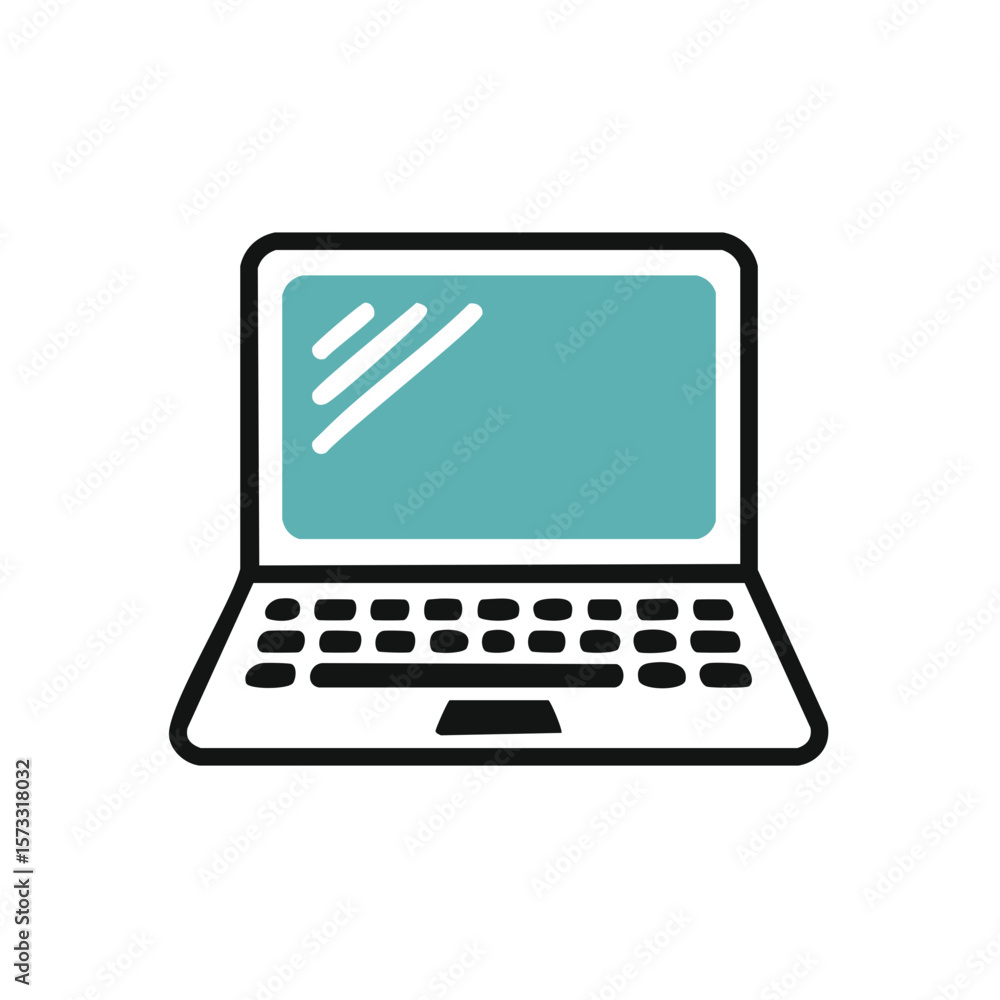 Poster open laptop computer illustration with teal screen and rectangular keys simple icon