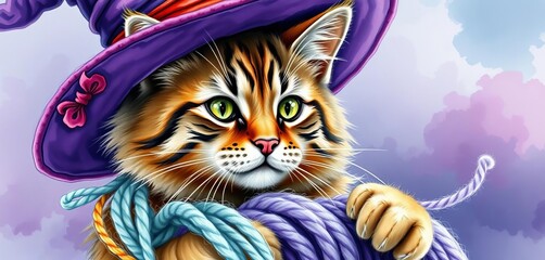Adorable purple-hatted witch cat batting yarn, whimsical watercolor,  fairytale,  cat