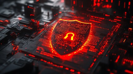 Digital shield graphic over a complex circuit board.