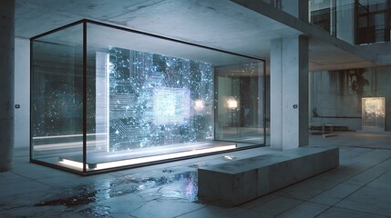 Suspended light-based blueprint of an AI microchip displayed within a spacious glass-walled research pod