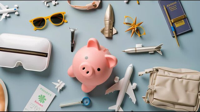 Travel Savings Flat Lay: Pink Piggy Bank Surrounded by Vacation Essentials and Seasonal Accessories for Smart Budget Planning