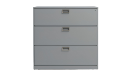 Gray Metal File Cabinet with Six Drawers – Front View with Light Gray Panels and Horizontal Silver Handles