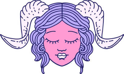 Retro Tattoo Style tiefling character face in bright neon color