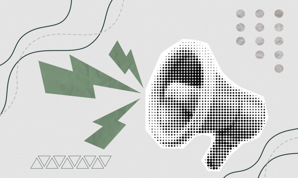 Modern halftone vector collage of a megaphone with abstract geometric elements, sound waves and speech concept in retro minimal graphic composition