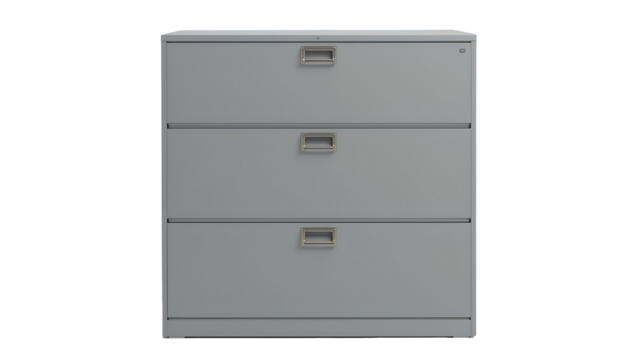 Gray Metal File Cabinet with Six Drawers – Front View with Light Gray Panels and Horizontal Silver Handles