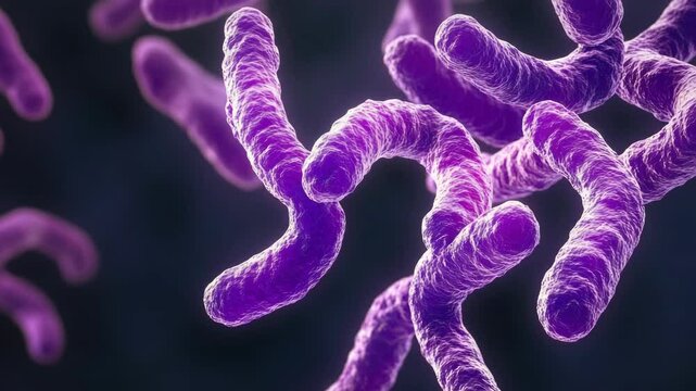 A view through a microscope of purple stained cellular structures, possibly indicating some form of infection or pathology.
