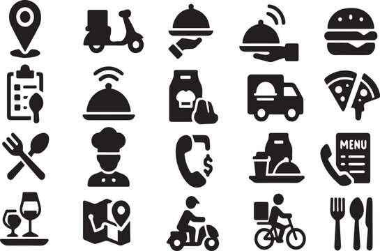 Food Delivery & Restaurant Service Icons Set – Orders, Menu, Chef, Takeout