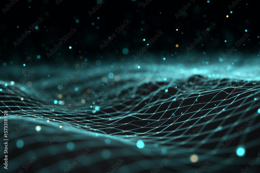 Fototapete glowing particles float above a digital landscape of intersecting lines and waves, creating an abstr