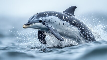 Fototapeta premium Splashing spotted dolphin mid-leap with ocean water droplets. Sharp, clear details of mammal in natural habitat.