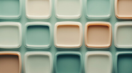 Colorful arrangement of square plates in various shades on a flat surface in a light setting