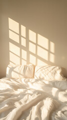 Soft morning light casts patterned shadows on a neatly made bed with white linens in a cozy bedroom