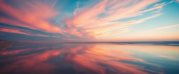 Obraz premium Pastel pink and blue sky reflected on glistening wet sand, tranquil beach scene, pastel sky, texture