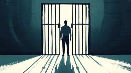 A silhouette of a man standing before prison bars, symbolizing hope, confinement, and the desire for freedom.