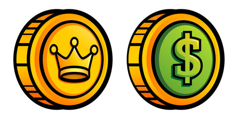 Dollar and crown coins png vector stock illustration